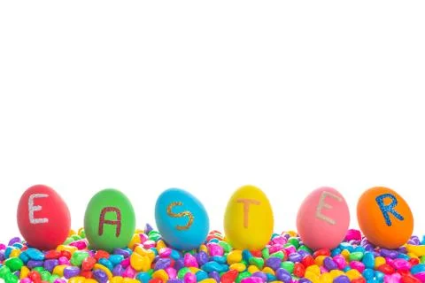 Easter written on eggs Stock Photos