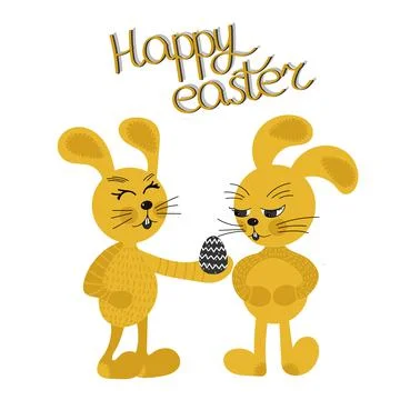 Easter yellow bunny gives easter egg to friend vector illustration Illustrazione stock