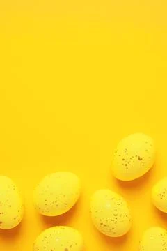 Easter yellow eggs on a yellow background. Flat lay, copy space. beautiful Stock Photos