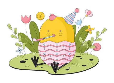 Easter young chicken party blower 2D linear illustration concept Stock Illustration