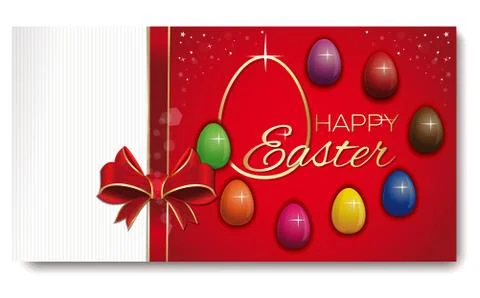 Easterg greeting card. Eight colored eggs on a festive red background. Happy Stock Illustration