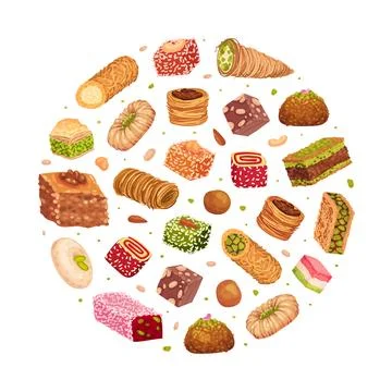 Eastern and Arabic Sweets Round Composition Design Vector Template Stock Illustration