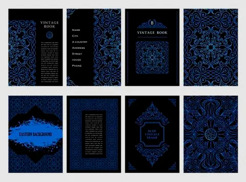 Eastern blue arabic vector lines design templates. Muslim floral frame for card Stock Illustration