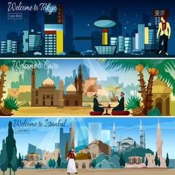 Eastern Cityscape 3 Flat Banners Set Stock Illustration