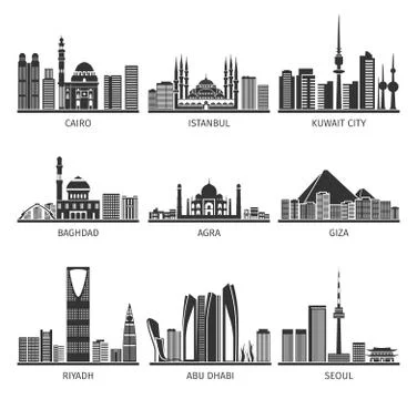 Eastern Cityscapes Landmarks Black Icons Collection Ilustración de archivo