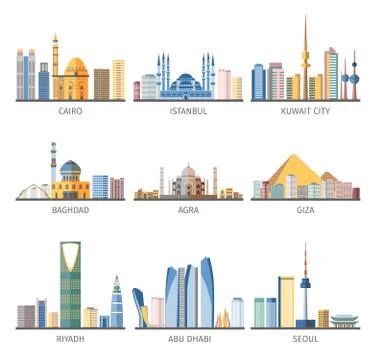 Eastern Cityscapes Landmarks Flat Icons Collection Stock Illustration