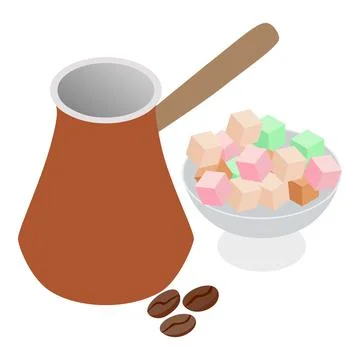 Eastern coffee icon isometric vector. Multi colored rahat lokum and copper turk Illustrazione stock