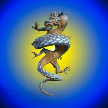 Eastern dragon with twisted shape floating in the middle of the space. 3d render Ilustración de archivo