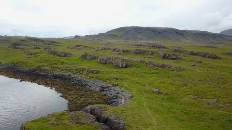 Eastern Icelandic drone shot of coastal landscape Stock Footage