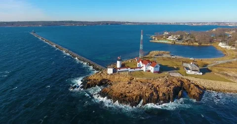 Eastern Point Lighthouse aerial view, Gloucester, Massachusetts, USA Stock Footage 157364677
