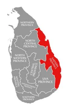 Eastern Province red highlighted in map of Sri Lanka Stock Illustration