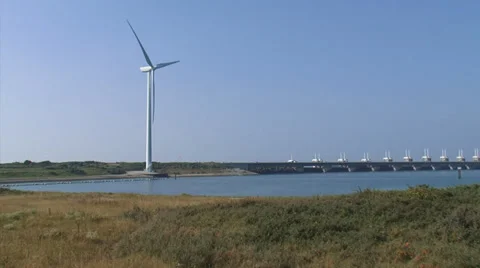 Eastern Scheldt storm surge barrier pan from land side Stock Footage