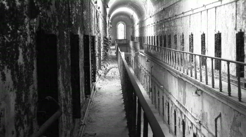  Eastern State Penitentiary two floors cellblock Stock Footage 97553