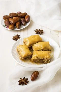 Eastern sweets with dates fruit table 스톡 사진