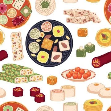 Eastern sweets seamless pattern. Oriental sugar products, traditional ramadan Stock Illustration