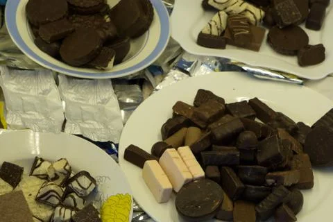 Eastern sweets in a wide range, baklava, Turkish delight with almond, cashew  Stock Photos