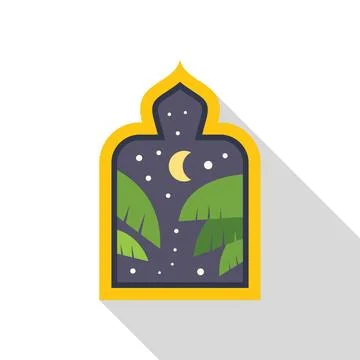 Eastern window showing crescent moon and palm trees at night Stock Illustration