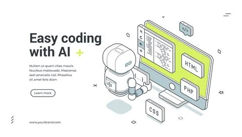 Easy Coding With AI For Web Development Isometric Banner Vector Illustration イラスト素材