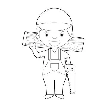 Easy coloring cartoon vector illustration of a carpenter. Stock Illustration