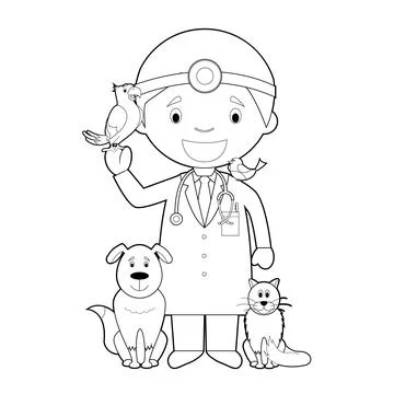 Easy coloring cartoon vector illustration of a veterinarian. Stock Illustration