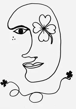 Easy continuous linear Black line face with flower and clover leaf ,hand dr.. Stock Illustration