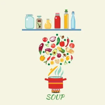 Easy Cooking flat style background with pan and fresh healthy vegetables Stock Illustration