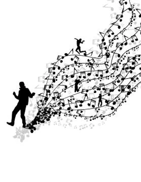 Easy to edit vector illustration of wavy musical notes with dancer Illustrazione stock