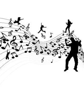 Easy to edit vector illustration of wavy musical notes with dancer Illustrazione stock