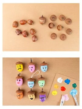 Easy following tutorial of vibrant acorns with faces and paint supplies on .. Stock Photos
