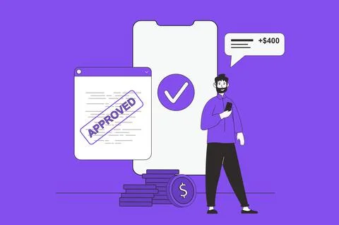Easy loan web concept with character scene in flat design. People get instant Stock Illustration