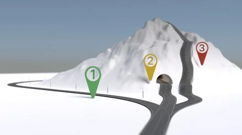 Easy medium hard way road via mountain under blue sky with marks 3d illustration Stock Illustration