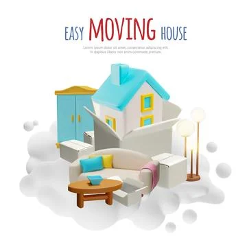 Easy moving house 3D poster vector design, cardboard boxes stack, table, sofa Stock Illustration