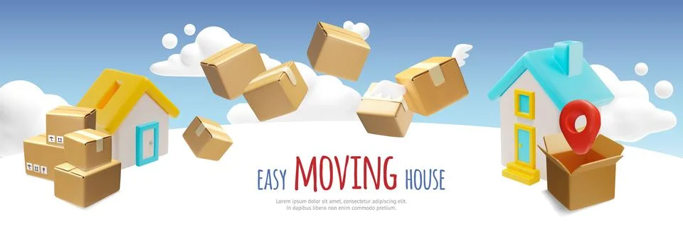 Easy moving house 3D vector banner design, cardboard boxes stacks, flying イラスト素材