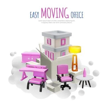Easy moving office service 3D vector design, cardboard boxes stack, chairs, lamp Stockillustratie