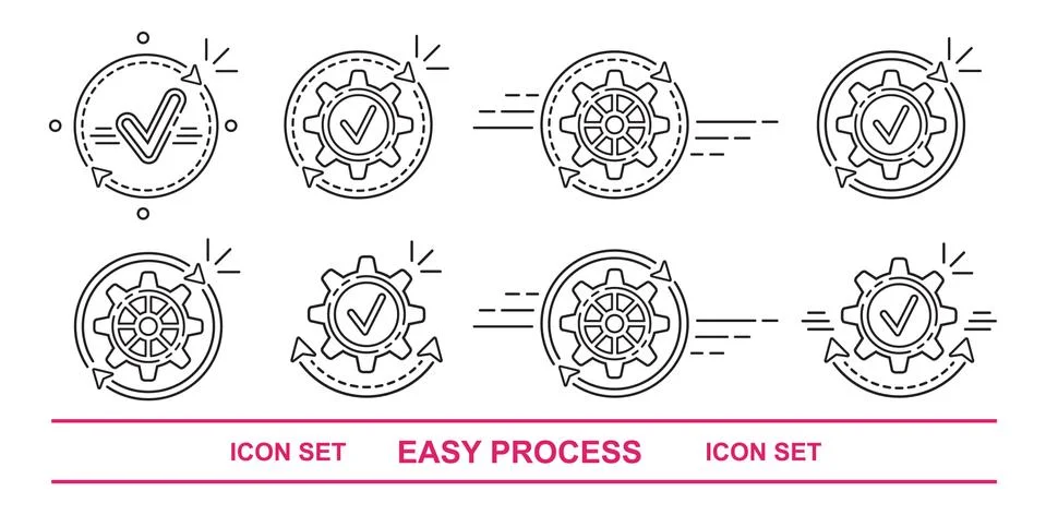 Easy operation process, gear, data update icon set. Effective finish work Illustrazione stock