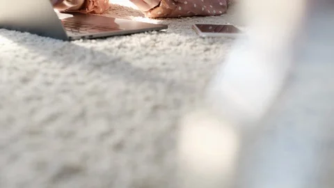 Easy pay using digital gadget. Girl using laptop at home. Stock Footage 104766528