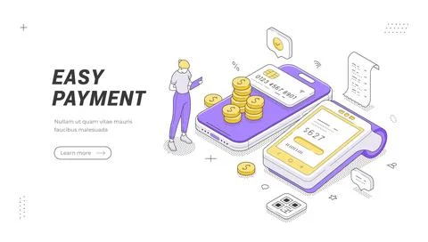 Easy Payment banner template. Isometric vector illustration depicts a mobile  Stock Illustration
