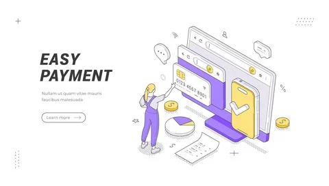 Easy Payment banner template. Isometric vector illustration shows a woman com Stock Illustration