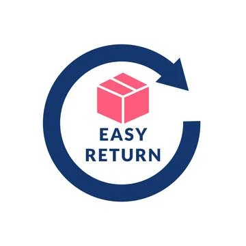 Easy Return Badge with Parcel Box Icon and Circular Arrow in Blue and Pink Illustration