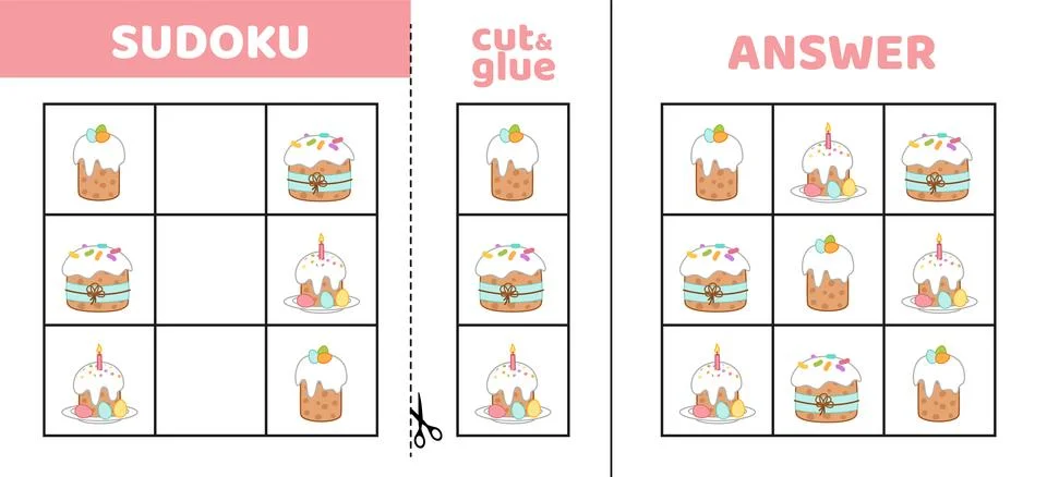 Easy sudoku with three Easter cakes. Game puzzle for little kids. Cut and glue Stock Illustration
