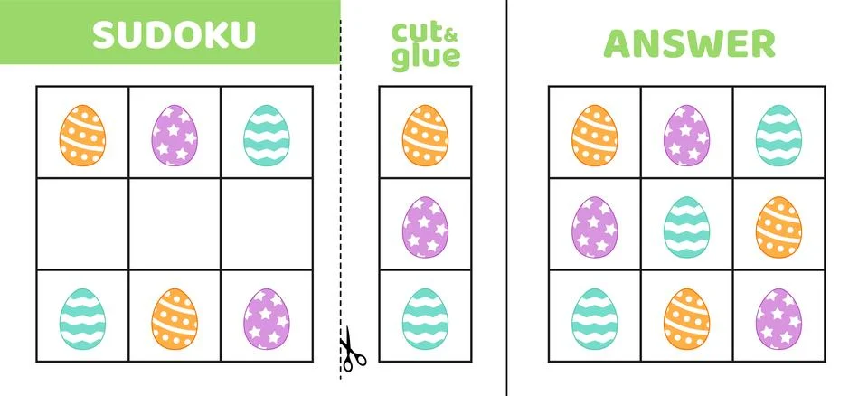 Easy sudoku with three Easter eggs. Game puzzle for little kids. Cut and glue Stock Illustration