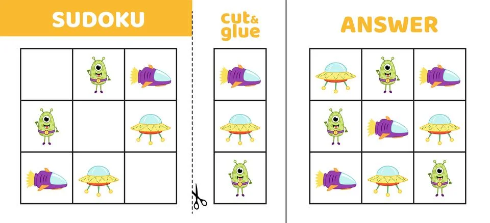 Easy sudoku with three space elements. Game puzzle for little kids. Cut and glue Stock Illustration