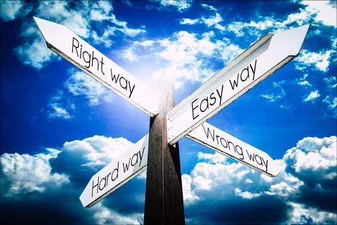 Easy way, hard way, right way, wrong way concept - signpost with four arrows Stock Illustration