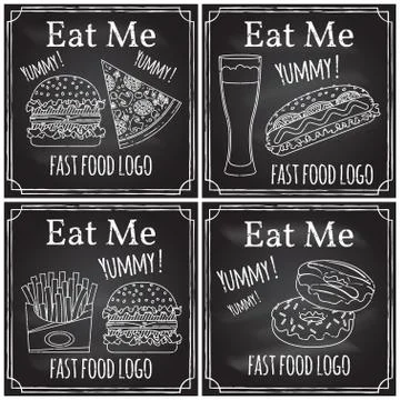 Eat me. Elements on the theme of the restaurant business.  Chalk drawing on.. Stock Illustration