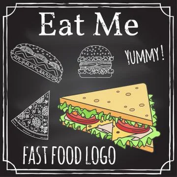 Eat me. Elements on the theme of the restaurant business. Chalk drawing on .. 스톡 일러스트