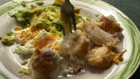 Eat scrambled eggs with bread and avocado bright sun shines brightly close up 스톡 동영상 233382455