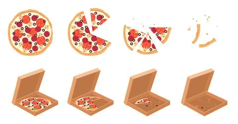 Eaten pizza set, sequence game animation, eating pizza slices, top and isometric Stock Illustration