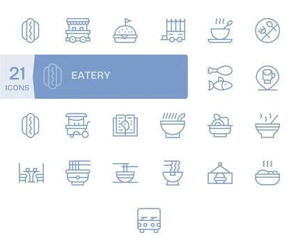 Eatery Comprehensive Vector Bundle with 25 PIXEL Perfect Regular Line 64x64.. Stock Illustration