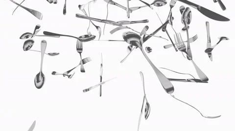Eatery untensils, kitchen tools, spoon, knife and fork. Stock Footage