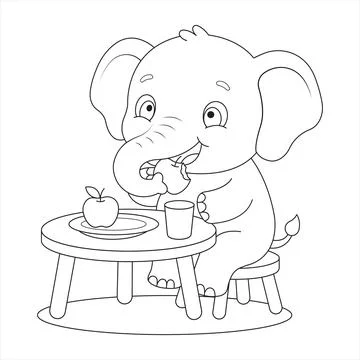 Eating apple fruit snack elephant sitting at table with drink and plate. Stock Illustration